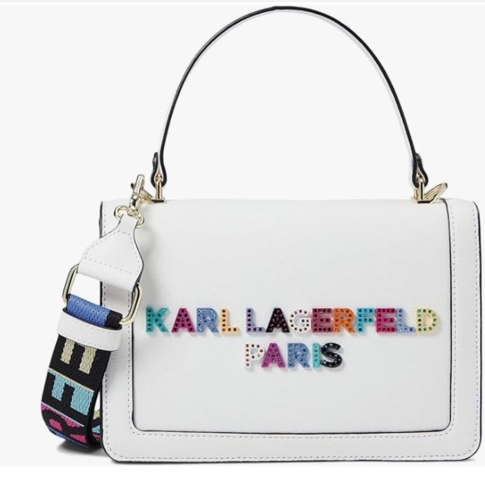 Karl Lagerfeld Paris Legacy Simone Crossbody white leather multicolor logo new